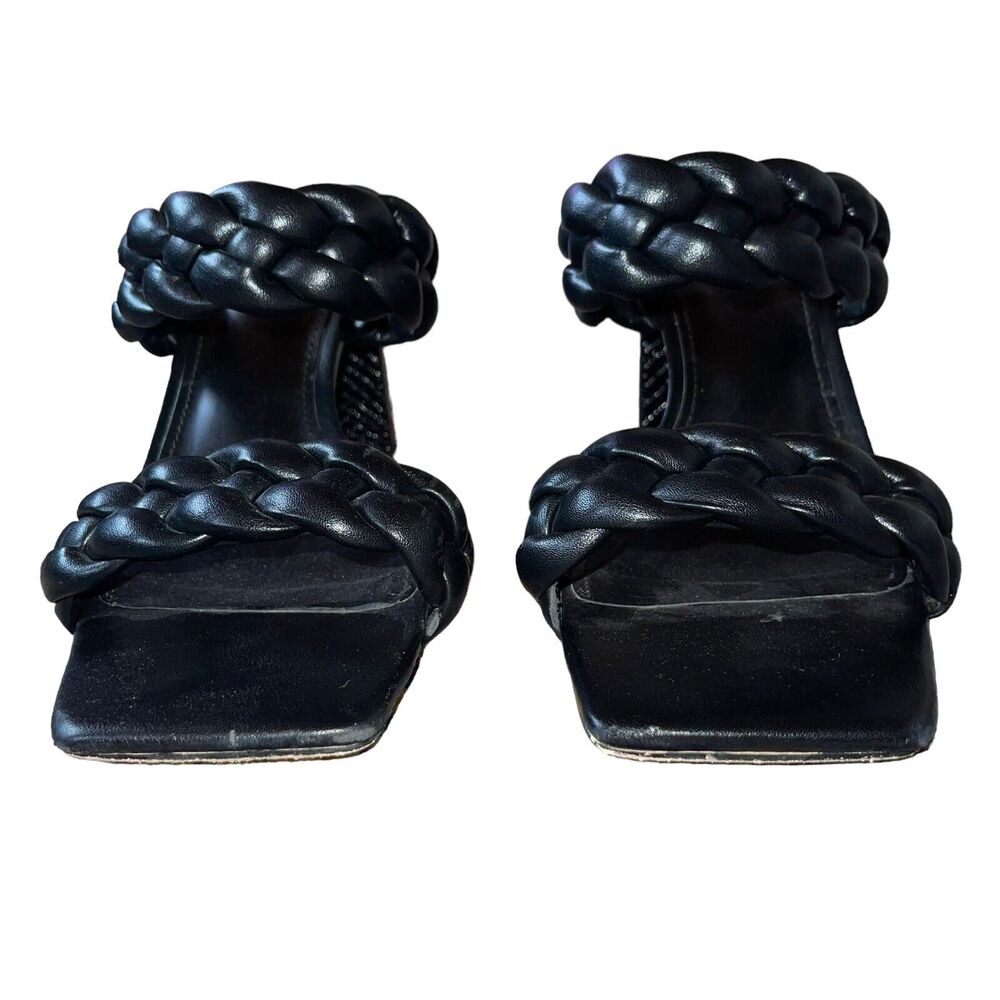 Black Faux Leather Sandals Braided Square Toe - Picture 5 of 9